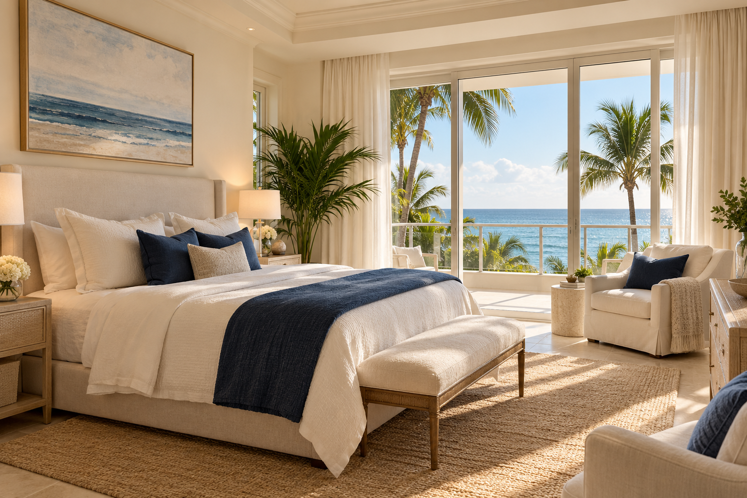 Illustrative coastal interior with ivory linens and navy accents